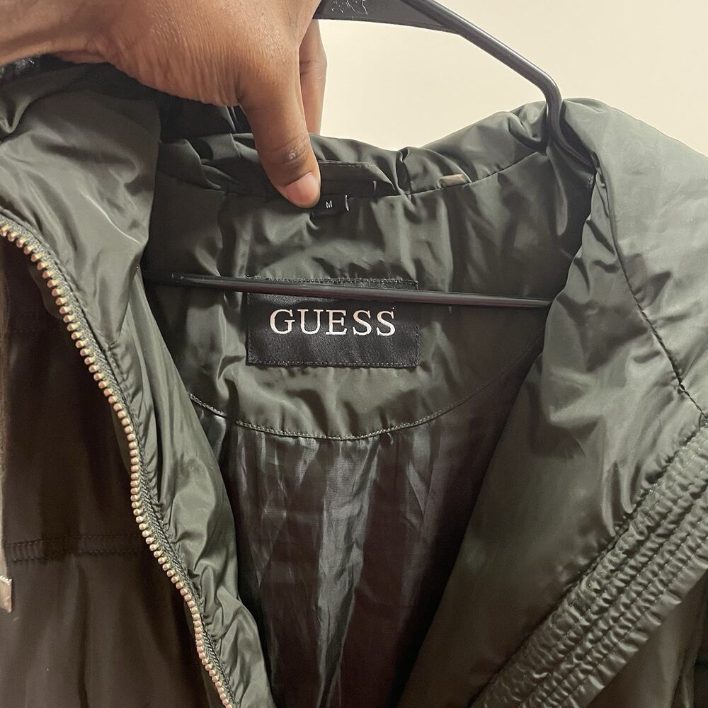 GUESS Puffer Coat Dark Green Women’s Medium Long Hooded Faux Fur Winter NWOT - Picture 9 of 14